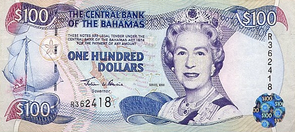 Купюра номиналом 100 багамских долларов, лицевая сторона